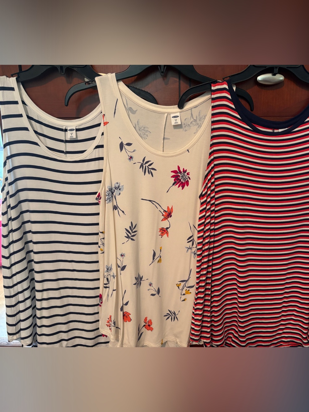 3 Striped and Floral Tank Top Bundle - Navy, Cream, Red